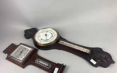 AN OAK WHEEL BAROMETER AND ANOTHER BAROMETER