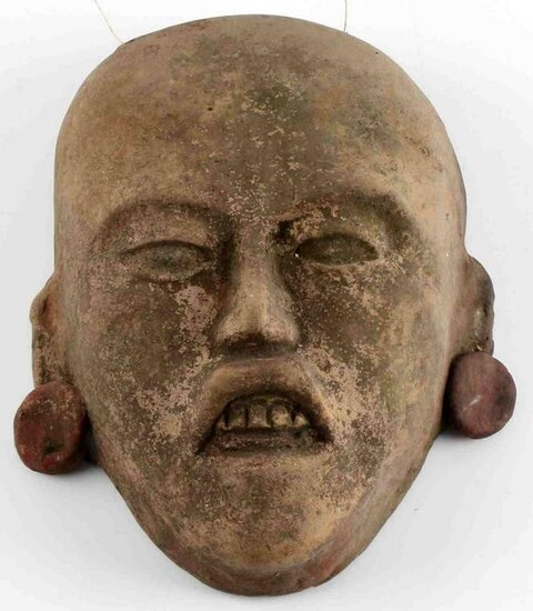 ANCIENT ASIAN CLAY MASK WITH RED DISK EARRINGS