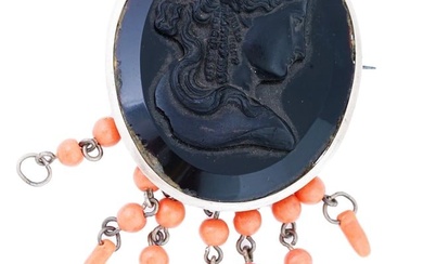 ANTIQUE 19TH C FRENCH CAMEO BROOCH W CORAL BEADS