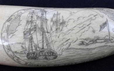 ANTIQUE WHALE TOOTH SCRIMSHAW BOMBING FT MCHENRY