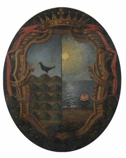 ARTISTA DEL XVII SECOLO Heraldic emblem on oval table.