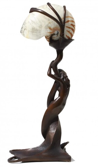 After Gustave Gurschner, Bronze & Nautilus Shell Lamp