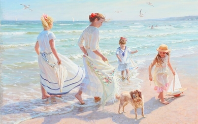 Alexander Nicolajevich Averin: Four girls near the water edge at the Black Sea. Signed A. Averin (in Cyrillic). Oil on canvas. 70×100 cm.