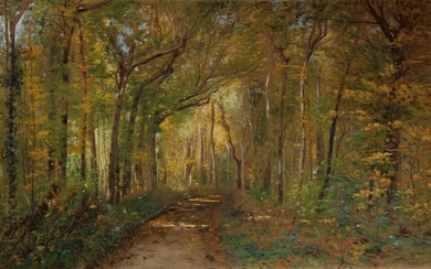 Alphonse Alexis MORLOT (1838 - 1918) Chemin en sous bois Huile sur carton, signée en bas à droite et datée 1885 46,5 x 75 cm (accidents)