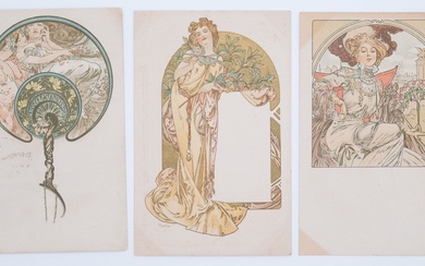Alphonse MUCHA (1860-1939) "Dessin d'éventail" 1 carte postale lithographique catalogue n°491 Alphonse MUCHA (1860-1939) "Paris,...