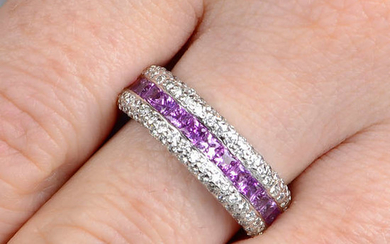 An 18ct gold square-shape pink sapphire half eternity ring, with pave-set diamond sides.
