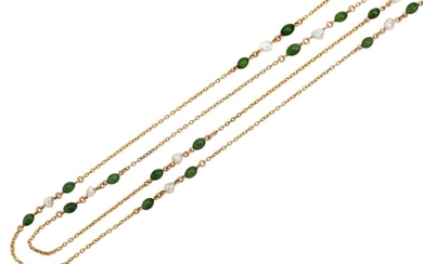 An Edwardian gold, nephrite jade and freshwater pearl guard chain, the fine belcher-link chain with nephrite jade and pearl three stone spacers, c.1905, length 140cm, pearls untested