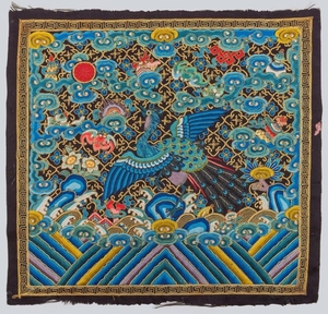 An Embroidered Silk Civil Officials Third Rank Badge of Peacock, Buzi, Qing Dynasty.