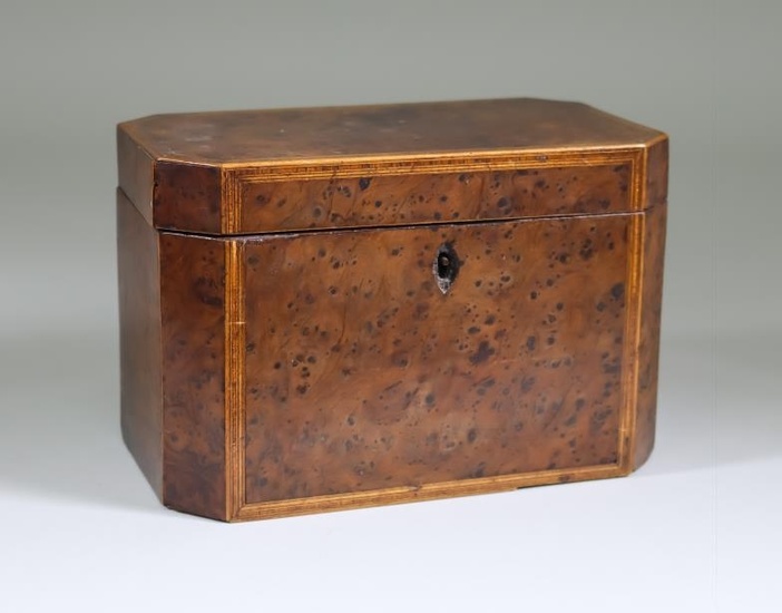 An English Burr Yew Wood Two-Division Octagonal Tea Caddy,...