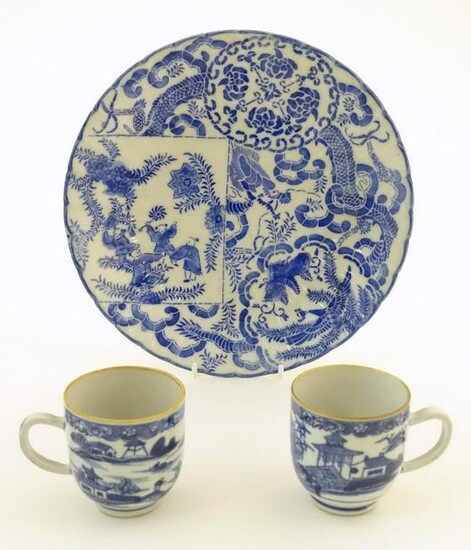 An Oriental blue and white plate decorated with figures