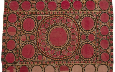 An antique Tashkent Suzani silk embroidery, Central Asia, Uzbekistan. Design of large...