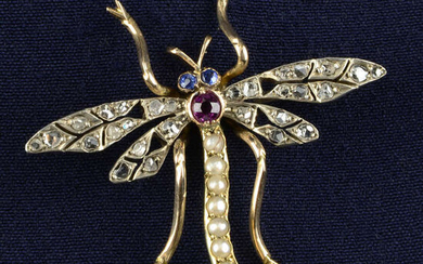 An early 20th century platinum and gold, rose-cut diamond, split pearl, ruby and sapphire dragonfly brooch.
