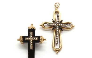 An onyx and split pearl cross brooch