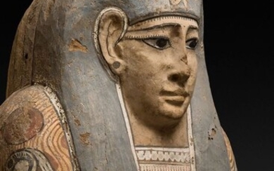 Ancient Egypt, Third Intermediate Period Painted wood Sarcophagus for the Lady Setscha-iret-binet daughter of Her-iou, Complete anthropoid coffin - 194×59×56 cm