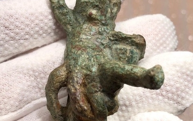 Ancient Roman Bronze Figurine of a Naked Boy wearing a Basket- An Extremely Rare Personification of Season.