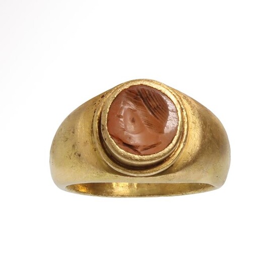 Ancient Roman Gold and cornelian Ring with Cornelian Intaglio, Head of a Man