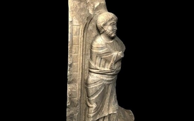 Ancient Roman Marble Fragment of a sarcophagus with an apostle. Paleochristian period.57 cm H.