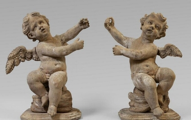 Angeli, coppia di sculture in legno naturale