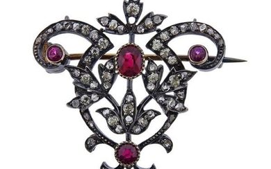 Antique 18k Gold Silver Diamond Red Stone Brooch