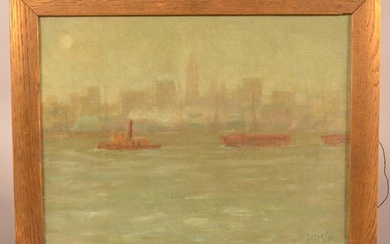 Antique American NY Skyline River Oil Painting.