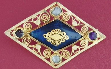 Antique COLORED GLASS YELLOW GOLD PIN PENDANT Brooch