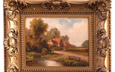 Antique English Cottage Landscape Painting by R Fenton