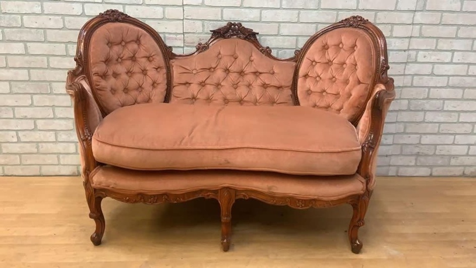 Antique Victorian French Provincial Bird Motif Mahogany Tufted Settee in...