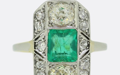 Art Deco Emerald and Diamond Plaque Ring
