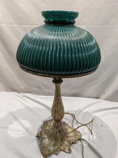 Art Nouveau Cast Iron Table Lamp w/ Green Glass Shade