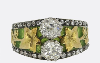 Art Nouveau Plique à Jour Enamel Diamond Ring Size M (52)