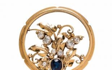 Arts and Crafts 14kt Gold, Sapphire, and Diamond Brooch, Attributed to Edward Oakes