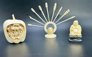 Asian Hand Carved Apple, Buddha & Set of Cocktail sticks with Stand