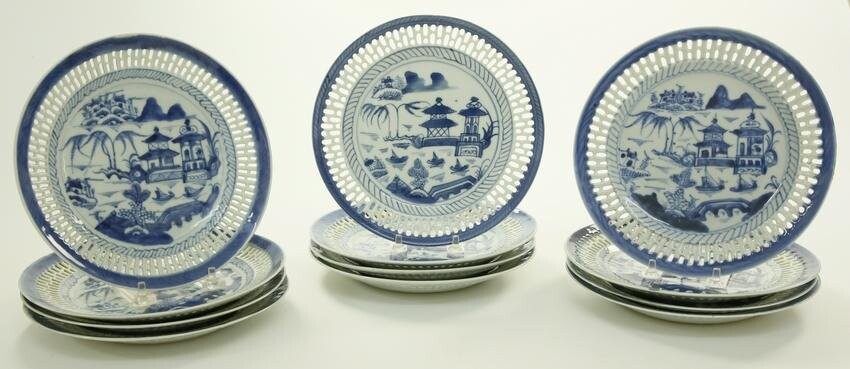 Assembled Set of Twelve Canton Reticulated Fruit Plates, 19th Century