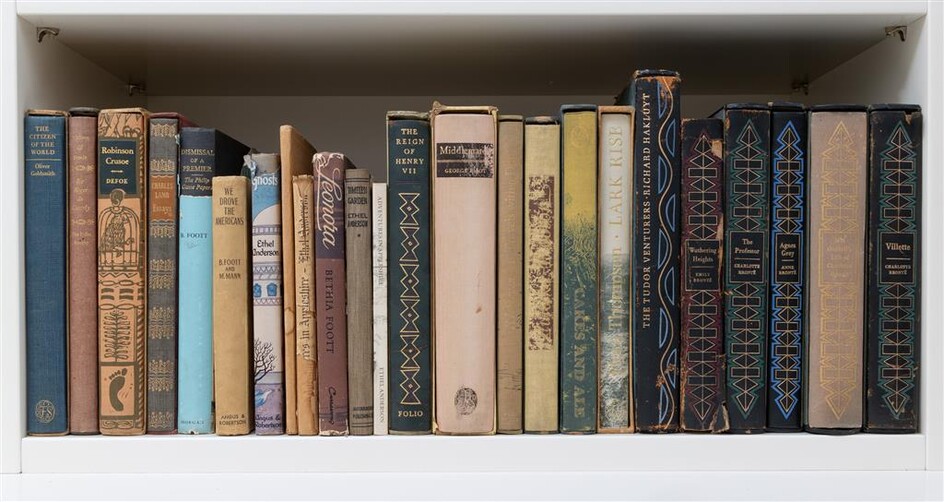 Assorted vintage books, including a set of Bronte, early Ethel...