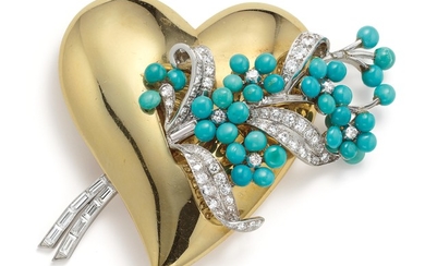Attributed to Paul Flato, A Diamond, Turquoise, Platinum and Gold 'Puffy Heart' Brooch