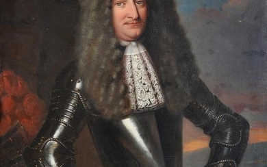 Attributed to Pieter Nason (Dutch 1612-1688), Portrait of a military commander in armour, a battle beyond