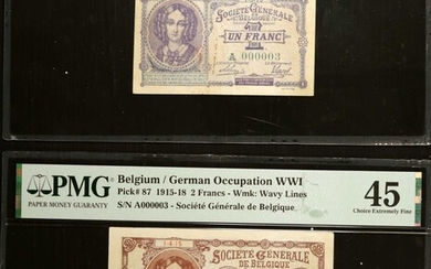 BELGIUM. Lot of (2). Societe Generale de Belgique. 1 & 2 Francs, 1915-1918. P-86a & 87. German Occupation WWI. PMG Very Fine 30 & Choice...