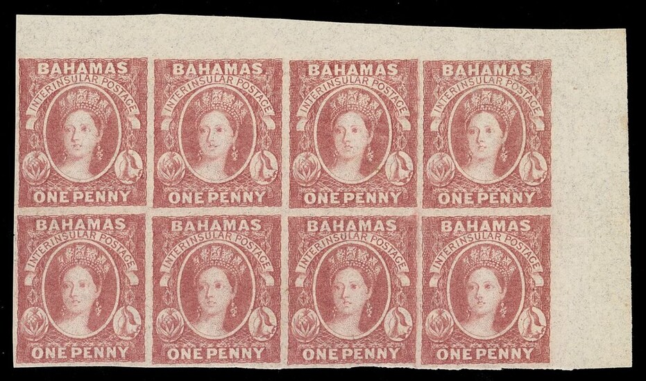Bahamas 1859 (10 June) One Penny, Imperforate Issued Stamps 1d. dull lake, a block of eight fro...