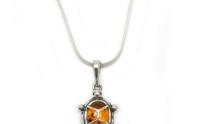 Baltic Amber 925 Silver Plated Tortoise Pendant Necklace On A 925 Silver Plated Snake Link Chain