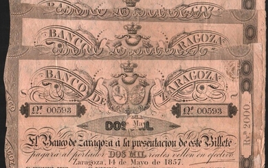 Banco de Zaragoza. 14 de mayo de 1857. 2.000 reales de vellón. Trío correlativo. Raro