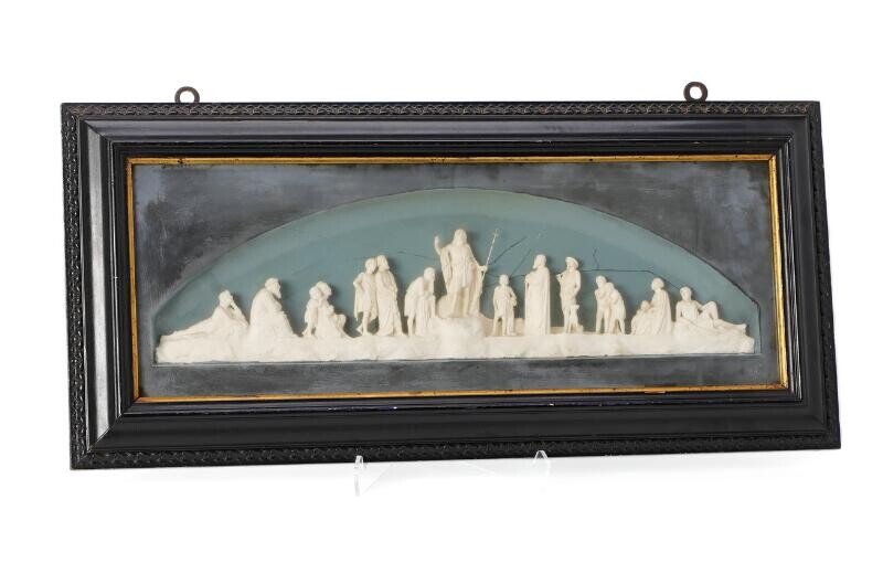 NOT SOLD. Bertel Thorvaldsen: John the Baptist preaches, group in callipasta, gable figure group consisting of 12 figures, copy by H. Brix. Frame size 34×74 cm. – Bruun Rasmussen Auctioneers of Fine Art