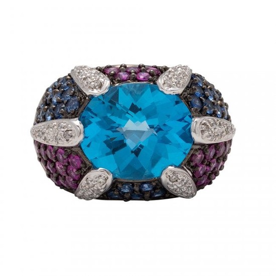 Blue Topaz, Ruby and Diamond Ring