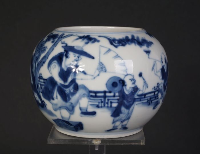 Blue and white brushwash pot or water pot, thin porcelain, Kangxi marked (1) - Blue and white - Porcelain - China - 19th century