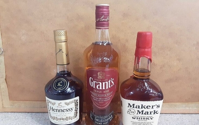 Bottle of Grant's blended scotch whisky 1 litre, bottle of Hennessy Cognac 70cl and bottle of Maker's Mark Kentucky Straight Bourbon whisky 70cl (3)