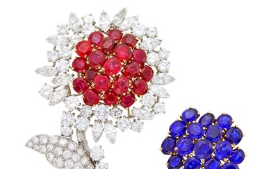 Boucheron Platinum, Gold, Ruby and Diamond Flower Clip-Brooch with Interchangeable Sapphire Center