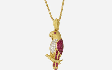 Boucheron Ruby, diamond, and gold parrot pendant brooch necklace