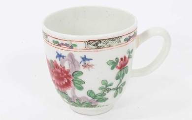Bow coffee cup, circa 1752, decorated in the famille rose style with flowers and a patterned border, 5.75cm high