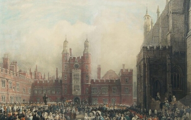 British School, 19th century- Scenes from Eton College; hand-coloured engravings, a pair, ea. 69 x 87 cm (2)