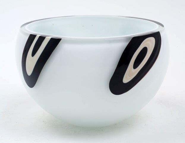 British or Scandinavian School, a high-sided bowl, 2011, in cased white glass, with black and white murrine decoration, engraved signature (indistinct) and dated '2011', 10cm high