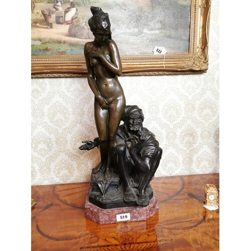 Bronze bust of a nude lady and gentleman mounted on rouge ma...